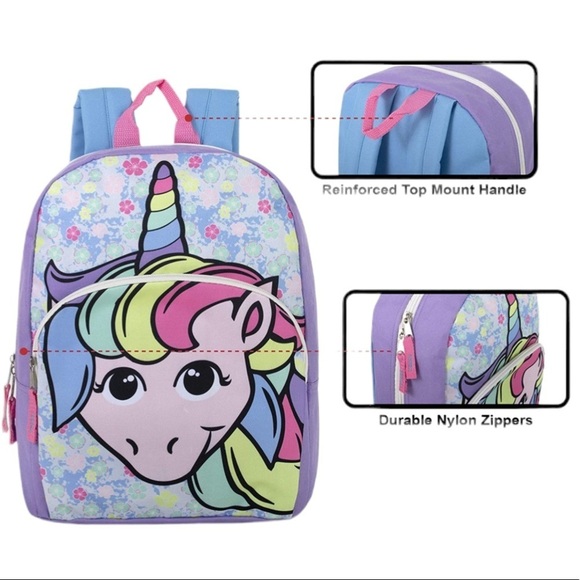 Rainbow Unicorn Backpack Travel School Adjustable Padded Straps Kids Purple Blue - Picture 4 of 8